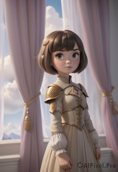 1girl,solo,looking at viewer,short hair,bangs,brown hair,hair ornament,long sleeves,dress,brown eyes,jewelry,closed mouth,standing,ahoge,cowboy shot,sky,day,puffy sleeves,artist name,cloud,indoors,white dress,armor,blue sky,lips,window,bob cut,cloudy sky,curtains,brooch,shoulder armor,gem,clenched hands,pauldrons,nose,arms at sides,brown dress,backlighting