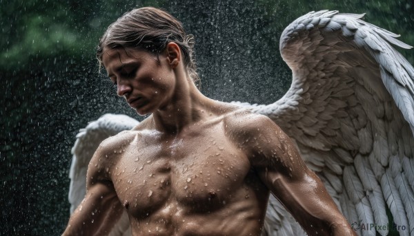 solo,short hair,brown hair,black hair,1boy,closed mouth,closed eyes,upper body,male focus,nude,wings,wet,muscular,dark-skinned male,pectorals,feathered wings,rain,angel wings,realistic,white wings,angel,wet hair,manly,blonde hair,nipples,abs,muscular male,bara,veins,topless male