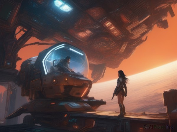 1girl,long hair,black hair,gloves,1boy,holding,standing,weapon,from behind,holding weapon,gun,military,bodysuit,robot,holding gun,mecha,handgun,science fiction,sunset,pilot suit,spacecraft,spacesuit,cyberpunk,skirt,sitting,boots,sky,water,ocean,helmet,scenery,rifle,realistic,horizon,space,planet