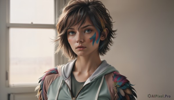 1girl,solo,looking at viewer,short hair,bangs,blue eyes,brown hair,black hair,jewelry,collarbone,upper body,parted lips,indoors,hood,necklace,blurry,lips,window,hoodie,tattoo,facial mark,hood down,feathers,messy hair,portrait,realistic,nose,feather hair ornament,facepaint,sleeveless,facial tattoo,sleeveless hoodie