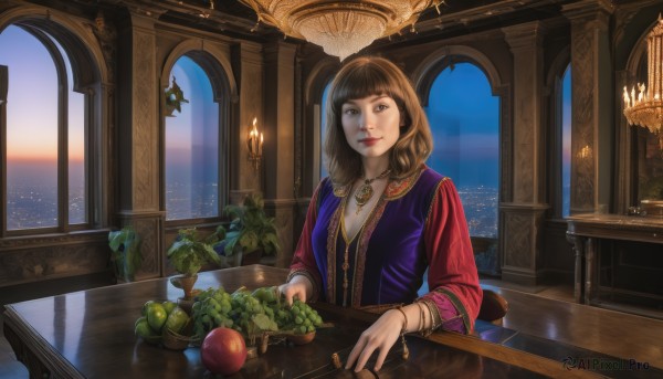 1girl,solo,long hair,breasts,looking at viewer,smile,bangs,brown hair,long sleeves,brown eyes,jewelry,closed mouth,upper body,food,sky,indoors,blunt bangs,water,necklace,mole,vest,bracelet,lips,window,makeup,night,fruit,chair,table,plant,scenery,pendant,plate,apple,red lips,candle,dress,sitting,day,medium hair,blue sky,ocean,ring,bowl,realistic,nose,bangle,potted plant,grapes,vegetable,candlestand,candlelight