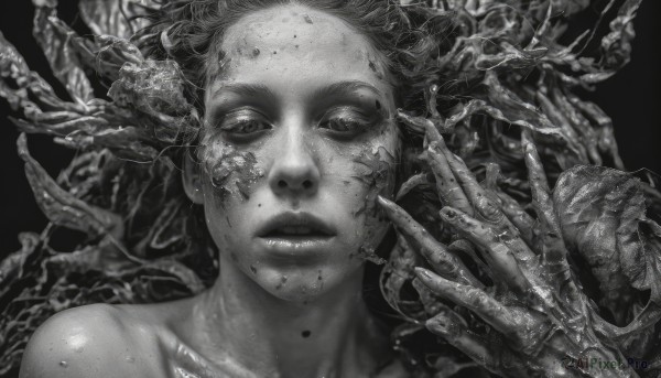 1girl,solo,looking at viewer,short hair,simple background,1boy,closed mouth,collarbone,monochrome,greyscale,male focus,parted lips,hand up,lips,blood,black background,portrait,blood on face,realistic,horror (theme),upper body,nude,mole,freckles,coral,mole on cheek