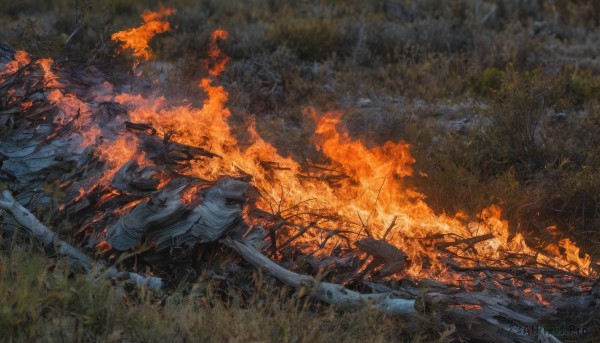 solo,1boy,holding,weapon,outdoors,sword,tree,no humans,grass,fire,nature,scenery,forest,smoke,burning,campfire,night,ground vehicle,motor vehicle