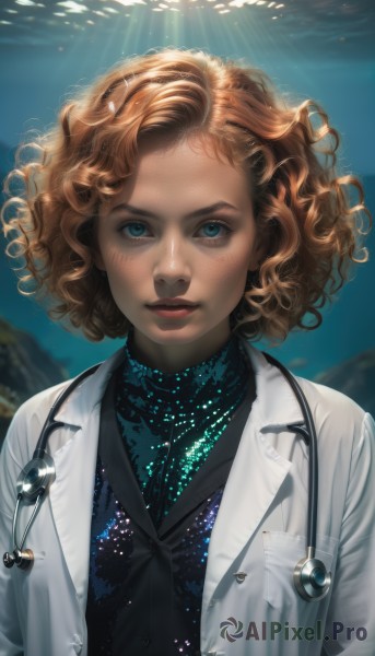 1girl,solo,looking at viewer,smile,short hair,blue eyes,blonde hair,brown hair,jewelry,jacket,upper body,parted lips,open clothes,dark skin,necklace,lips,coat,watermark,wavy hair,sunlight,freckles,curly hair,light rays,realistic,nose,labcoat,stethoscope,shirt,makeup,doctor