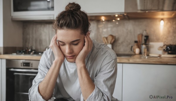 1girl,solo,smile,short hair,brown hair,shirt,1boy,closed mouth,closed eyes,white shirt,upper body,male focus,indoors,hair bun,blurry,blurry background,single hair bun,facing viewer,realistic,hands on own face,hands on own cheeks,kitchen,arm hair,sink,counter,black hair,sweater,lips,head rest,nose,white sweater