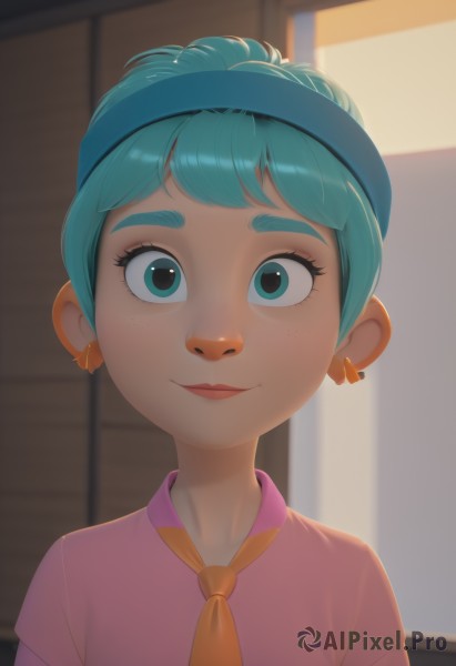 1girl,solo,looking at viewer,smile,short hair,bangs,shirt,jewelry,closed mouth,blue hair,upper body,short sleeves,hairband,earrings,necktie,collared shirt,artist name,indoors,blurry,aqua eyes,lips,eyelashes,aqua hair,depth of field,blurry background,thick eyebrows,portrait,freckles,pink shirt,blue hairband,straight-on,hair bun,window,single hair bun,backlighting,orange necktie