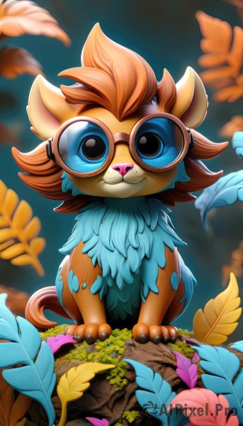 solo,looking at viewer,smile,blue eyes,sitting,closed mouth,standing,full body,flower,outdoors,sky,glasses,artist name,orange hair,blurry,no humans,:3,blurry background,leaf,grass,feathers,goggles,pink flower,freckles,round eyewear,animal focus,brown fur,short hair,brown hair,tree,watermark,sunglasses,nature,web address,branch,lion