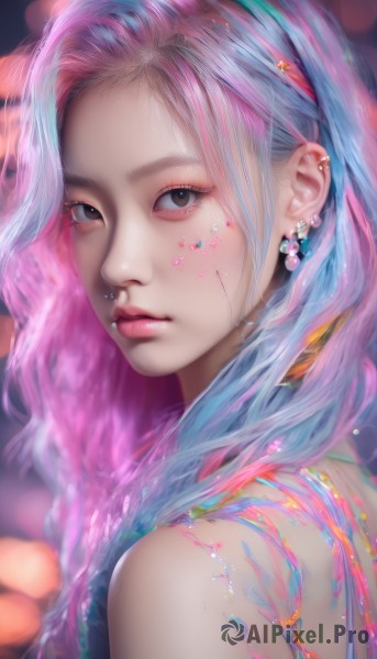 1girl,solo,long hair,looking at viewer,bare shoulders,brown eyes,jewelry,closed mouth,blue hair,upper body,pink hair,multicolored hair,hairband,earrings,looking back,blurry,black eyes,two-tone hair,lips,eyelashes,gradient hair,makeup,piercing,ear piercing,portrait,eyeshadow,realistic,nose,mascara,nose piercing,artist name,star (symbol),watermark,web address,forehead,rainbow hair