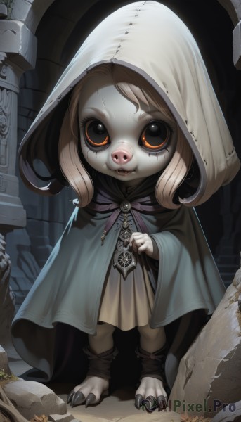 1girl,solo,looking at viewer,smile,blonde hair,dress,brown eyes,standing,full body,barefoot,teeth,hood,black eyes,orange eyes,colored skin,fangs,aged down,child,cloak,furry,hood up,robe,furry female,female child,ruins,hooded cloak,buck teeth,blue cloak,brown hair,jewelry,artist name,medium hair,cape,claws,colored sclera,black sclera,grey skin,crack