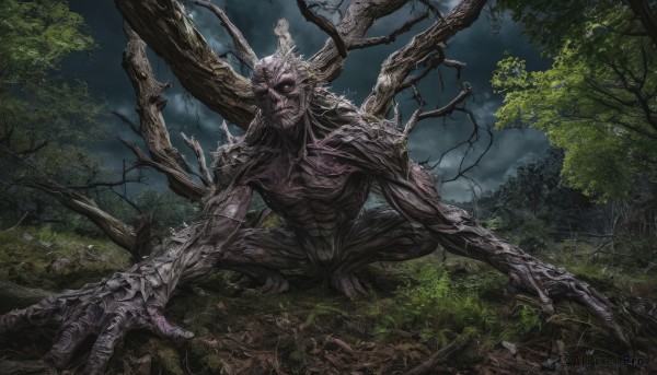 solo,looking at viewer,red eyes,1boy,outdoors,horns,sky,teeth,cloud,tree,no humans,night,glowing,squatting,grass,nature,glowing eyes,forest,skull,monster,branch,skeleton,extra arms,horror (theme),scenery,claws