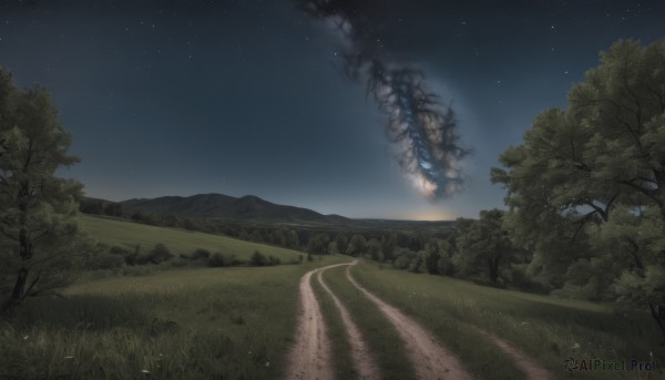 outdoors,sky,cloud,tree,no humans,night,grass,star (sky),nature,night sky,scenery,forest,smoke,starry sky,mountain,road,signature,field,landscape,path