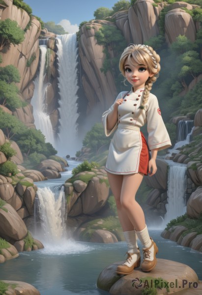 1girl,solo,long hair,breasts,looking at viewer,smile,bangs,blue eyes,skirt,blonde hair,long sleeves,holding,standing,full body,braid,outdoors,parted lips,sky,shoes,day,socks,artist name,cloud,wide sleeves,water,tree,blue sky,lips,single braid,buttons,swept bangs,brown footwear,white socks,hand on own chest,nature,hair over shoulder,forest,freckles,rock,nose,river,waterfall,cliff,pond,stream,dress,closed mouth,boots,hand up,signature,miniskirt,nail polish,mole,apron,makeup,red skirt,watermark,grass,lipstick,scenery,waist apron,red nails,web address,braided ponytail,red lips,double-breasted,ankle boots,crown braid