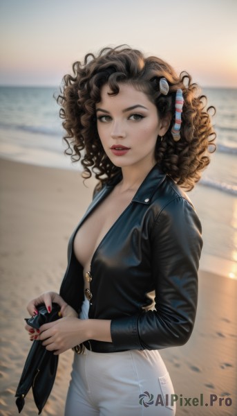 1girl,solo,long hair,breasts,looking at viewer,smile,brown hair,hair ornament,long sleeves,holding,cleavage,brown eyes,jewelry,medium breasts,standing,collarbone,jacket,cowboy shot,earrings,outdoors,parted lips,open clothes,teeth,day,belt,pants,water,nail polish,blurry,open jacket,lips,black jacket,no bra,blurry background,ocean,wavy hair,beach,denim,red nails,zipper,freckles,curly hair,jeans,white pants,sand,holding clothes,unzipped,red lips,leather,leather jacket,partially unzipped,no shirt,shirt,black hair,medium hair,fingernails,makeup,wind,camera