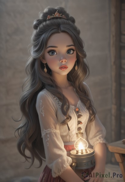 1girl,solo,long hair,looking at viewer,blush,blue eyes,skirt,brown hair,shirt,black hair,hair ornament,long sleeves,holding,jewelry,collarbone,white shirt,upper body,earrings,parted lips,puffy sleeves,indoors,blurry,black eyes,lips,see-through,grey eyes,eyelashes,makeup,depth of field,blurry background,red skirt,wavy hair,table,own hands together,tiara,crown,lipstick,blouse,gem,forehead,freckles,curly hair,red lips,candle,breasts,thick eyebrows,lantern,realistic,lamp,wall,brick wall