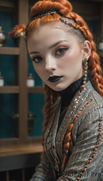 1girl,solo,long hair,looking at viewer,brown hair,hair ornament,long sleeves,brown eyes,jewelry,closed mouth,jacket,upper body,braid,flower,hairband,earrings,indoors,necklace,orange hair,blurry,sweater,lips,grey eyes,eyelashes,makeup,depth of field,blurry background,chain,lipstick,eyeshadow,ribbed sweater,red lips,grey sweater,hair pulled back,mascara,black lips,multiple braids,multicolored hair,black eyes,twin braids,from side,two-tone hair,turtleneck,turtleneck sweater,realistic,nose,eyeliner,black sweater,fashion