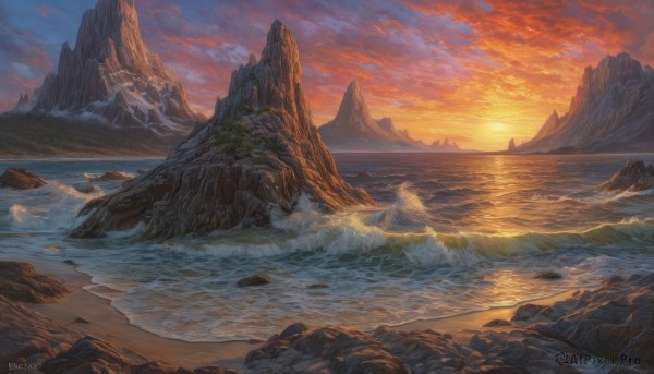 A landscape captured in a tranquil sunset outdoors