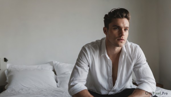 solo,looking at viewer,blue eyes,brown hair,shirt,black hair,1boy,sitting,white shirt,upper body,male focus,parted lips,open clothes,collared shirt,indoors,lips,looking to the side,pillow,open shirt,dress shirt,bed,facial hair,on bed,realistic,stubble,lamp,real life insert,short hair,closed mouth,undercut,partially unbuttoned,chest hair