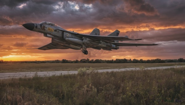 outdoors,sky,cloud,tree,military,no humans,cloudy sky,grass,nature,scenery,forest,flying,science fiction,sunset,realistic,aircraft,sun,military vehicle,airplane,vehicle focus,dusk,jet,fighter jet,pilot suit,field,pilot,variable fighter