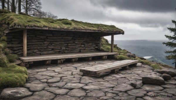 outdoors,sky,day,cloud,water,tree,no humans,cloudy sky,grass,nature,scenery,rock,mountain,road,bush,wall,landscape,path,stone wall,ocean,forest,horizon,river,pier