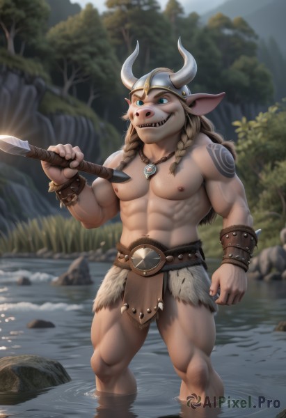 solo,long hair,smile,open mouth,blue eyes,blonde hair,brown hair,1boy,navel,holding,animal ears,jewelry,nipples,standing,weapon,braid,male focus,thighs,outdoors,horns,teeth,belt,artist name,water,necklace,stomach,holding weapon,blurry,twin braids,bracelet,tree,tattoo,muscular,blurry background,facial hair,thick thighs,piercing,abs,helmet,pectorals,sharp teeth,muscular male,nature,bara,pelvic curtain,furry,wading,large pectorals,topless male,cow ears,cow horns,fake horns,furry male,arm tattoo,axe,nipple piercing,over shoulder,loincloth,weapon over shoulder,biceps,river,navel hair,tusks,nose piercing,feet out of frame,spikes,rock,mature male,bare pectorals,chest hair,chest tattoo,pond,horned helmet,animal skull