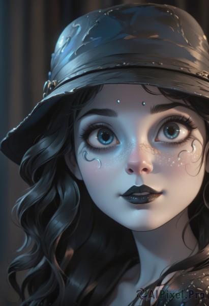 1girl,solo,long hair,looking at viewer,smile,blue eyes,brown hair,black hair,hat,parted lips,teeth,artist name,blurry,lips,eyelashes,makeup,blurry background,colored skin,wavy hair,facial mark,lipstick,portrait,close-up,freckles,curly hair,nose,black lips,blush,open mouth,thick eyebrows,blue lips