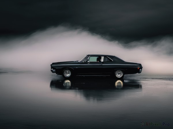 solo,cloud,no humans,ground vehicle,motor vehicle,car,road,vehicle focus,sports car,from side,shadow,smoke,reflection,fog