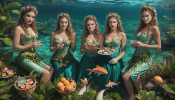 long hair,breasts,looking at viewer,smile,multiple girls,skirt,brown hair,hair ornament,dress,holding,cleavage,bare shoulders,brown eyes,medium breasts,sitting,closed mouth,collarbone,braid,flower,small breasts,outdoors,food,sleeveless,hair flower,water,twin braids,cup,lips,strapless,4girls,makeup,fruit,blue dress,bird,animal,leaf,wavy hair,5girls,plant,monster girl,holding cup,strapless dress,pink flower,plate,fish,teacup,bowl,green dress,rock,underwater,basket,head wreath,mermaid,mushroom,egg,saucer,orange (fruit),orange flower,lily pad,blue eyes,green eyes,artist name,night,watermark,lipstick,nature,rabbit,spoon,fantasy,red lips,watercraft,grapes,lake,swimming,afloat