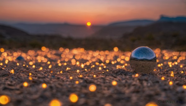 outdoors, sky, blurry, no humans, night, depth of field, blurry background, scenery, bokeh, city lights