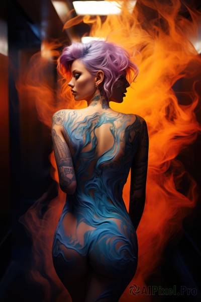 1girl,solo,short hair,jewelry,standing,purple hair,ass,nude,earrings,looking back,indoors,from behind,lips,completely nude,tattoo,makeup,back,fire,lipstick,nose,back tattoo,burning,full-body tattoo,breasts,closed eyes,piercing,ear piercing,stud earrings,black lips