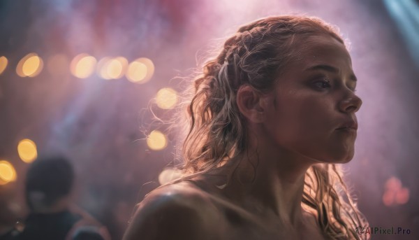 1girl,solo,long hair,blonde hair,brown hair,1boy,bare shoulders,closed mouth,collarbone,upper body,nude,solo focus,dark skin,blurry,dark-skinned female,lips,profile,depth of field,blurry background,wavy hair,messy hair,portrait,curly hair,realistic,nose,bokeh,very dark skin,brown eyes,looking away,looking up,backlighting,light,looking afar