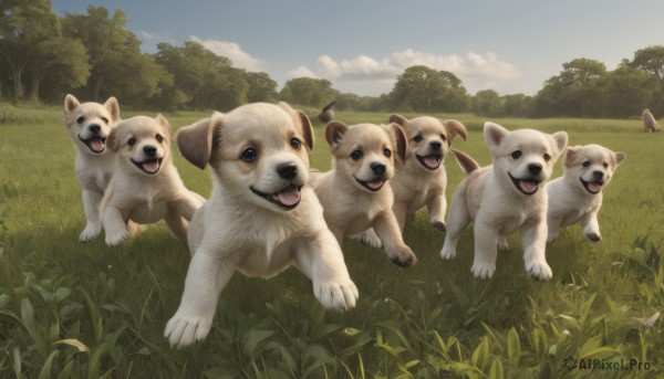 open mouth,blue eyes,outdoors,sky,day,tongue,cloud,tongue out,tree,blue sky,no humans,animal,fangs,cloudy sky,grass,nature,scenery,forest,running,dog,realistic,animal focus,looking at viewer,signature,field