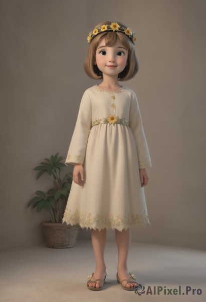 1girl,solo,looking at viewer,smile,short hair,bangs,brown hair,long sleeves,dress,brown eyes,closed mouth,standing,full body,flower,indoors,white dress,black eyes,lips,sandals,plant,child,arms at sides,basket,female child,potted plant,head wreath,flower wreath,hair ornament,hair flower