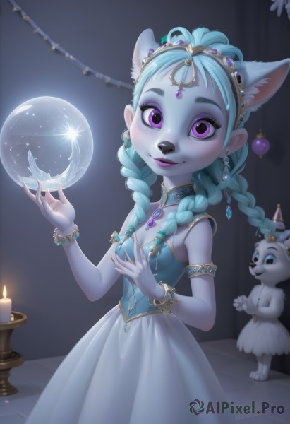 1girl,solo,long hair,breasts,looking at viewer,smile,skirt,hair ornament,dress,animal ears,jewelry,closed mouth,blue hair,standing,purple eyes,braid,cowboy shot,earrings,small breasts,artist name,indoors,cat ears,necklace,white dress,twin braids,flat chest,bracelet,lips,fingernails,hands up,eyelashes,aqua hair,makeup,animal,tiara,crown,lipstick,gem,furry,armlet,eyeshadow,circlet,furry female,magic,candle,animal nose,purple lips,mascara,crystal ball,cleavage,bare shoulders,parted lips,sleeveless,alternate costume,signature,animal ear fluff,sleeveless dress,blue dress,colored skin,hair over shoulder,white fur,diadem,aqua dress