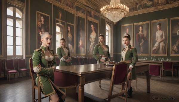 long hair,breasts,short hair,multiple girls,brown hair,black hair,long sleeves,dress,cleavage,jewelry,medium breasts,sitting,standing,jacket,earrings,boots,multiple boys,indoors,hair bun,uniform,cup,military,window,military uniform,6+girls,chair,crossed arms,table,single hair bun,green dress,painting (object),chandelier,tablecloth,1girl,looking at viewer,choker,makeup,lipstick,scenery,realistic,red lips,candle