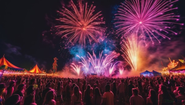 1girl,long hair,multiple girls,outdoors,japanese clothes,multiple boys,sky,cloud,kimono,from behind,night,6+girls,star (sky),night sky,scenery,6+boys,silhouette,fireworks,crowd,festival,aerial fireworks,yukata