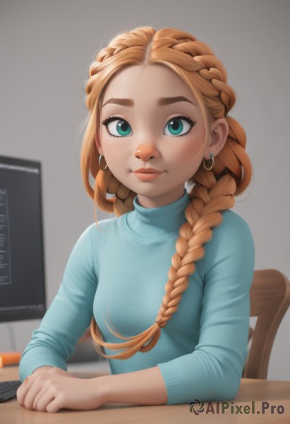 1girl,solo,long hair,breasts,looking at viewer,smile,brown hair,long sleeves,jewelry,sitting,closed mouth,green eyes,upper body,braid,earrings,small breasts,artist name,indoors,orange hair,twin braids,aqua eyes,sweater,lips,eyelashes,turtleneck,watermark,chair,table,thick eyebrows,hair over shoulder,forehead,freckles,hoop earrings,turtleneck sweater,realistic,nose,computer,monitor,blue sweater,keyboard (computer),mouse (computer),blonde hair,alternate costume,blurry,alternate hairstyle,blurry background,casual,contemporary