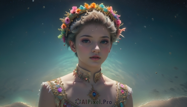 1girl,solo,looking at viewer,short hair,blue eyes,blonde hair,hair ornament,jewelry,green eyes,collarbone,upper body,flower,earrings,outdoors,parted lips,sky,teeth,choker,hair flower,necklace,lips,eyelashes,makeup,night,gem,portrait,star (sky),freckles,mountain,realistic,nose,red lips,head wreath,green gemstone,dress,cloud,scenery,pink flower,backlighting,blue gemstone,orange flower