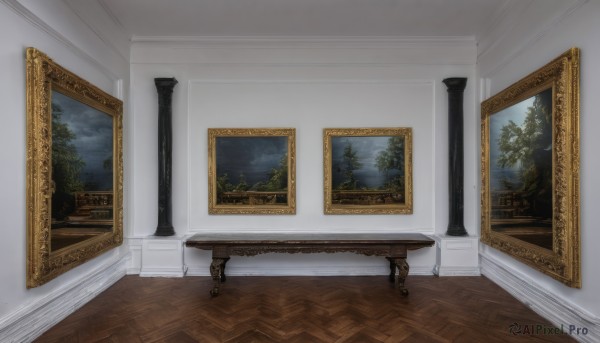 sky,cloud,indoors,tree,no humans,window,night,chair,table,plant,night sky,scenery,wooden floor,door,picture frame,painting (object),carpet,wall,pillar,still life,picture (object),candlestand,column,portrait (object)