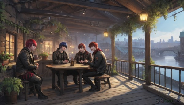 smile,short hair,open mouth,bangs,blue eyes,brown hair,black hair,red eyes,long sleeves,holding,brown eyes,jewelry,sitting,closed mouth,blue hair,jacket,flower,male focus,red hair,boots,outdoors,food,multiple boys,sky,day,pants,cloud,indoors,hood,water,black footwear,looking at another,tree,cup,black jacket,window,hoodie,shadow,facial hair,chair,black pants,table,hood down,3boys,plant,building,scenery,holding cup,drinking glass,cross-laced footwear,4boys,drinking straw,lantern,wooden floor,city,drink,railing,glass,potted plant,lamp,cityscape,watercraft,leather,vines,bridge,stool,leather jacket,restaurant,cafe,menu,wooden table,shirt,shoes,necklace,open jacket,blue sky,profile,wristband,hooded jacket,reflection,cigarette,mug,arch,ivy