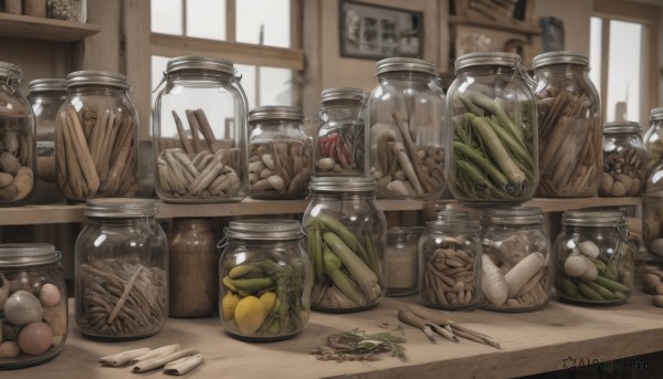 food,indoors,blurry,no humans,window,fruit,bird,bottle,knife,plant,bowl,realistic,bread,egg,shelf,spring onion,food focus,jar,vegetable,still life,potato,day,blurry background,leaf,scenery