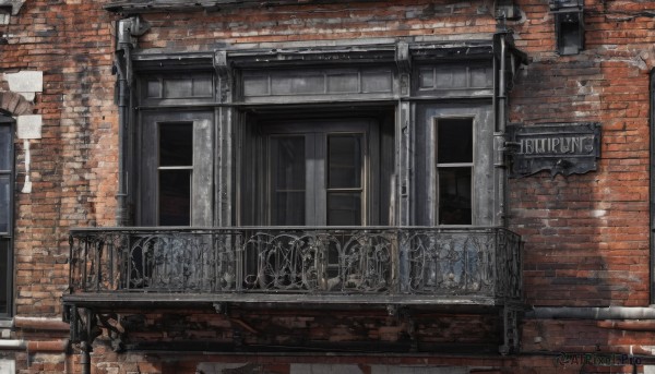 outdoors,day,artist name,english text,no humans,window,watermark,building,scenery,stairs,door,railing,brick wall,sign,fence,brick