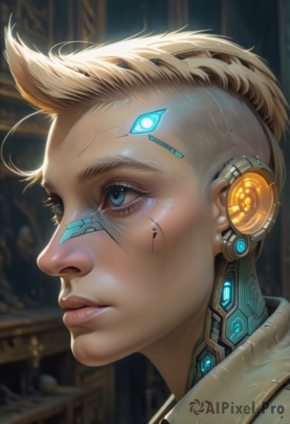 1girl,solo,short hair,blue eyes,blonde hair,parted lips,signature,blurry,lips,eyelashes,blurry background,glowing,facial mark,portrait,bandaid,close-up,science fiction,realistic,nose,android,bandaid on face,cyborg,bandaid on nose,cyberpunk,mechanical parts,artist name,from side,aqua eyes,profile,very short hair,robot ears