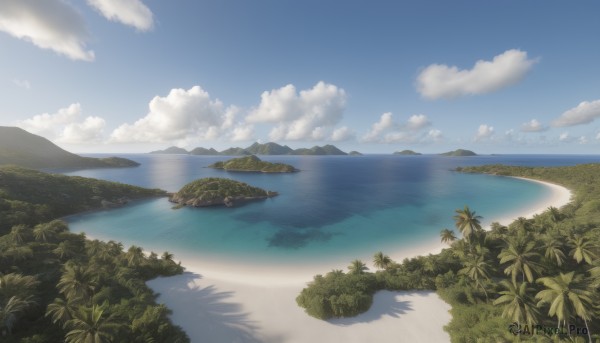 outdoors,sky,day,cloud,water,tree,blue sky,no humans,shadow,ocean,beach,grass,plant,nature,scenery,forest,mountain,sand,horizon,river,landscape,lake,shore,island,signature,palm tree,watercraft