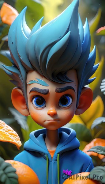 solo,looking at viewer,short hair,blue eyes,1boy,animal ears,closed mouth,blue hair,upper body,flower,male focus,outdoors,food,artist name,hood,blurry,hoodie,fruit,blurry background,frown,leaf,thick eyebrows,hood down,spiked hair,child,freckles,drawstring,male child,blue hoodie,orange (fruit),brown hair,depth of field