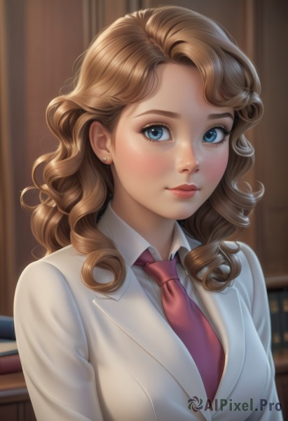 1girl,solo,long hair,breasts,looking at viewer,blush,smile,blue eyes,blonde hair,brown hair,shirt,jewelry,medium breasts,closed mouth,jacket,white shirt,upper body,earrings,necktie,collared shirt,artist name,indoors,blurry,lips,book,eyelashes,blurry background,wavy hair,formal,blazer,wing collar,red necktie,freckles,curly hair,realistic,bookshelf,stud earrings,bangs,school uniform,makeup,nose