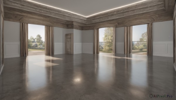 outdoors,sky,day,indoors,tree,no humans,window,shadow,sunlight,plant,scenery,reflection,wooden floor,door,bush,hallway,reflective floor,reflective water,cloud,blue sky