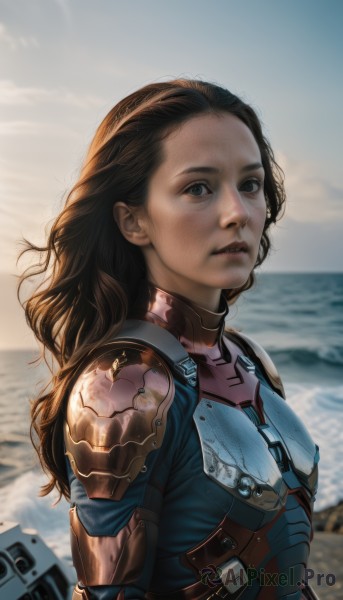 1girl,solo,long hair,looking at viewer,brown hair,brown eyes,upper body,outdoors,parted lips,sky,day,cloud,water,armor,blurry,lips,bodysuit,blurry background,ocean,wavy hair,beach,shoulder armor,forehead,science fiction,curly hair,breastplate,realistic,nose,power armor,black hair,from side,sunlight,backlighting,dirty,dirty face