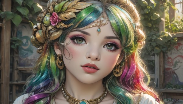 1girl,solo,long hair,looking at viewer,blush,bangs,blonde hair,hair ornament,jewelry,green eyes,blue hair,collarbone,pink hair,purple hair,flower,multicolored hair,earrings,parted lips,green hair,indoors,hair flower,necklace,two-tone hair,lips,parted bangs,eyelashes,gradient hair,makeup,rose,leaf,sunlight,plant,lipstick,gem,portrait,close-up,pink flower,eyeshadow,freckles,circlet,pink lips,red lips,eyeliner,pink rose,mascara,teeth,wavy hair,realistic,gold