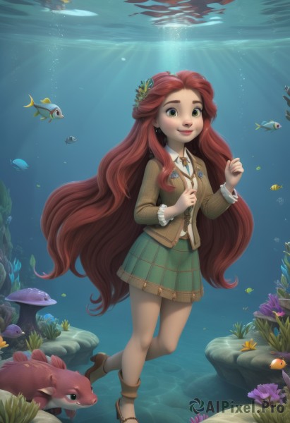 1girl,solo,long hair,looking at viewer,smile,skirt,shirt,hair ornament,long sleeves,jewelry,very long hair,school uniform,green eyes,standing,jacket,full body,white shirt,flower,red hair,pleated skirt,shoes,collared shirt,artist name,signature,hair flower,water,high heels,lips,plaid,animal,watermark,plaid skirt,brown footwear,sunlight,blazer,green skirt,web address,freckles,fish,bubble,brown jacket,light rays,rock,underwater,air bubble,sunbeam,coral,aquarium,seaweed,clownfish,earrings,socks,necklace,vest,ocean,thick eyebrows,mary janes,nose,submerged,deviantart username