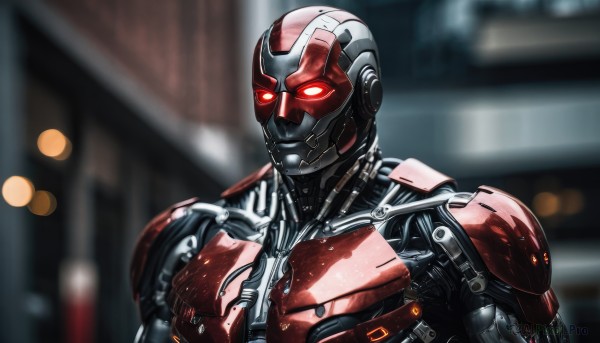 solo,red eyes,1boy,upper body,male focus,armor,blurry,depth of field,blurry background,glowing,helmet,glowing eyes,science fiction,cyborg,power armor,looking at viewer,mask,robot,portrait,realistic,android,humanoid robot